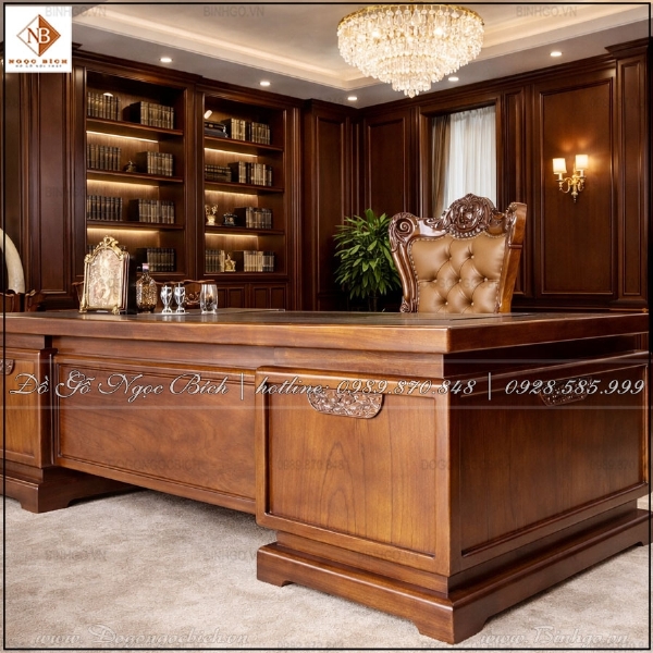 Bàn Chủ Tịch Gỗ Gõ Đỏ Kích Thước 255cm Phong Cách Hiện Đại Cao Cấp