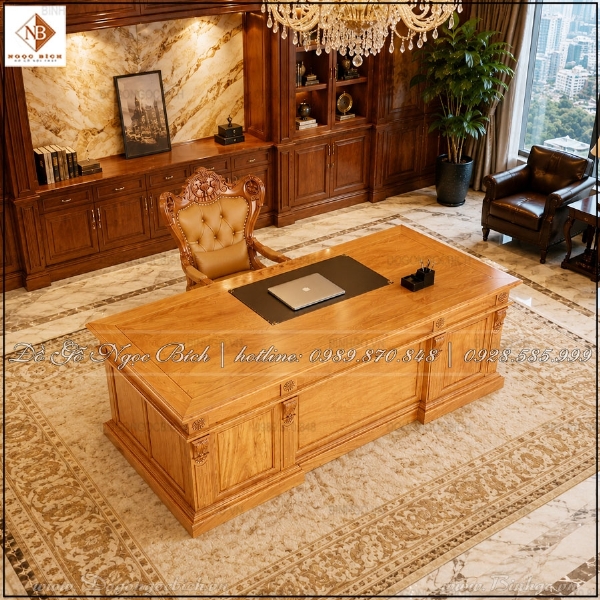 Bàn làm việc Lãnh đạo gỗ Gõ Đỏ kích thước 2m2 phong cách châu Âu 