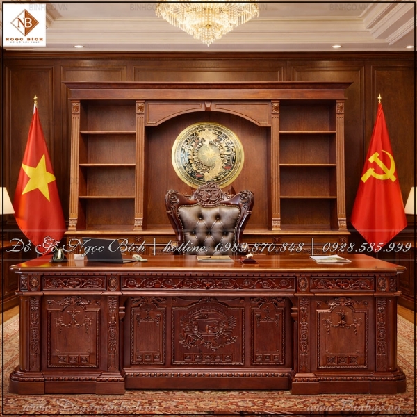 Bàn làm việc Lãnh đạo gỗ Gõ Đỏ kích thước 2m2 phong cách Obama 
