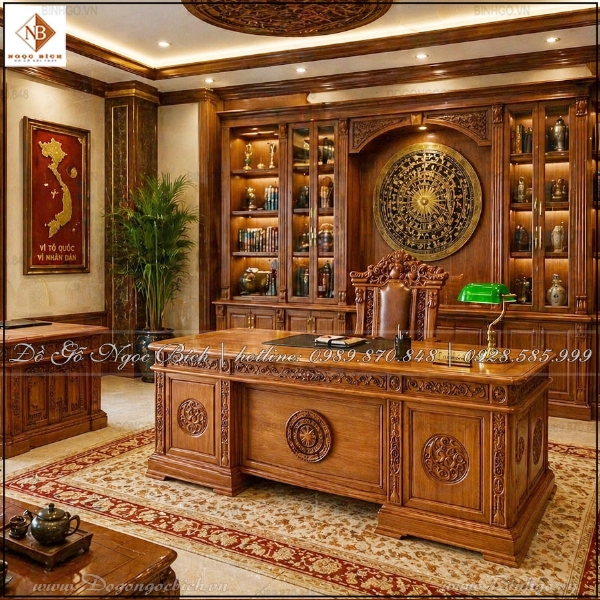 Bàn làm việc Lãnh đạo gỗ Gõ Đỏ kích thước 2m2 phong cách Á Đông