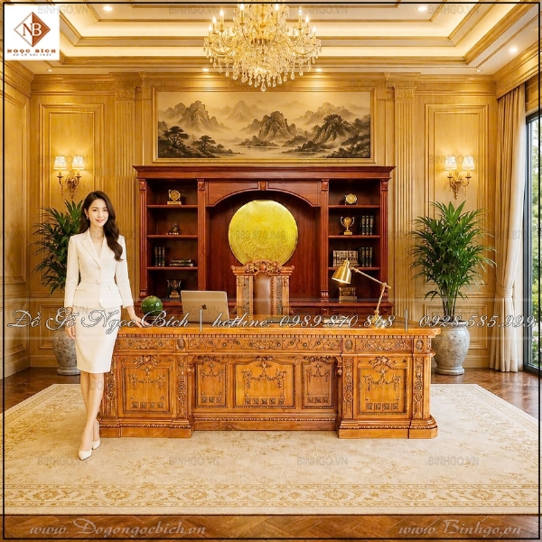 Bàn làm việc Lãnh đạo gỗ Hương kích thước 2m6 phong cách Obama