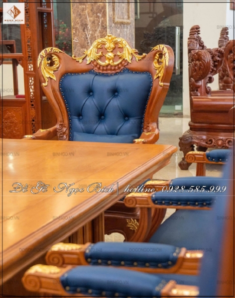 Bộ Bàn ghế Họp bọc da xanh coban dát vàng