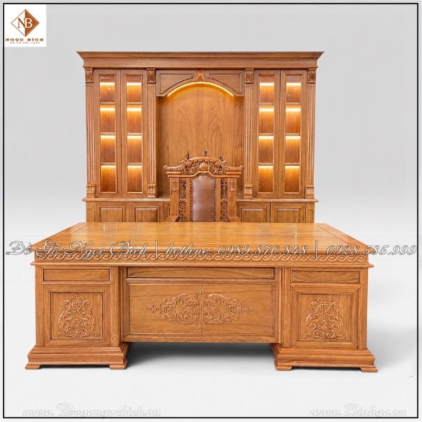 Combo Bàn Làm Việc Hoa Lá Tây 2m17 Gỗ Tự Nhiên 