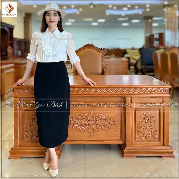 Mẫu bàn lãnh đạo chạm Hoa Lá Tây dài 175cm đẹp sang trọng