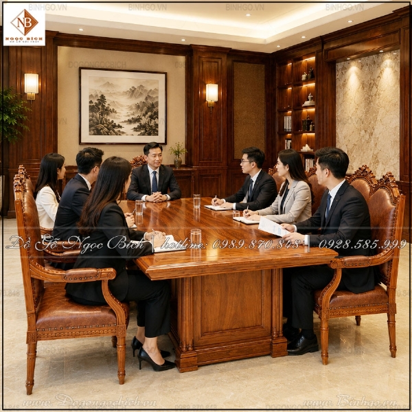 Bộ Bàn Ghế Phòng Họp Gỗ Gõ Đỏ Cao Cấp Phong Cách Châu Âu