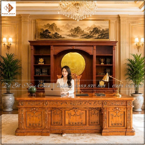 Bàn làm việc Lãnh đạo gỗ Hương kích thước 2m6 phong cách Obama