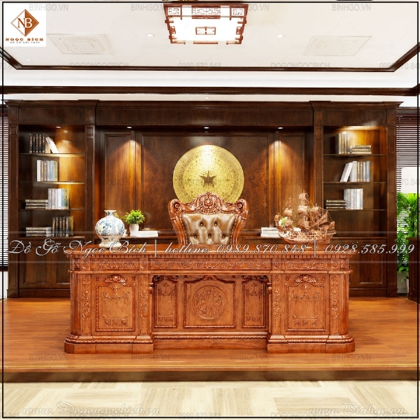 Bàn Giám Đốc Gỗ Gõ Đỏ Mẫu Tổng Thống Mỹ Dài 217cm Phong Cách Châu Âu