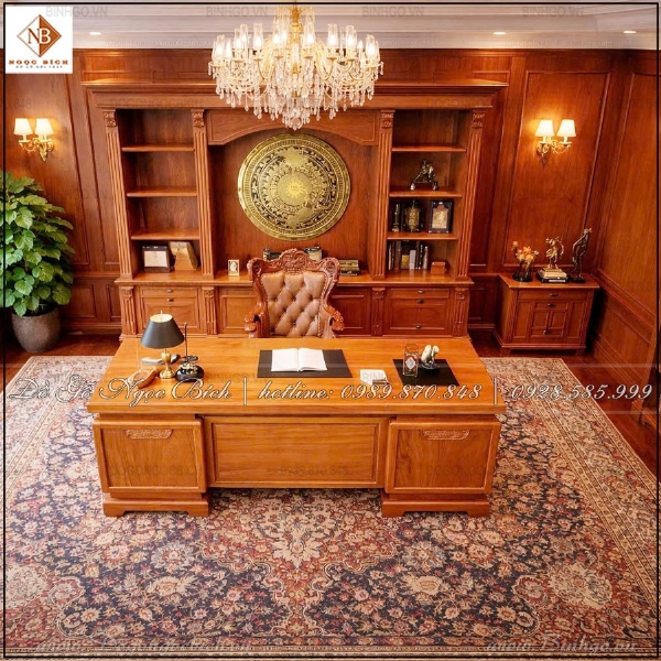 Bàn làm việc Lãnh đạo gỗ Gõ Đỏ kích thước 3m phong cách Hiện Đại
