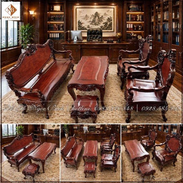 Bộ bàn ghế Louis gỗ gõ đỏ 6 món