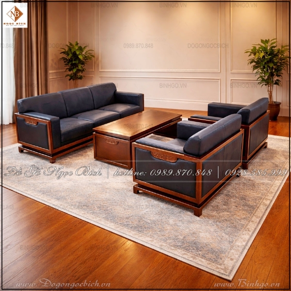 Sofa gỗ nệm da phong cách hiện đại