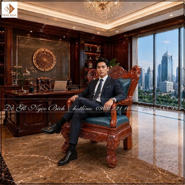 Ghế Chủ Tịch bọc da xanh lam cao cấp gỗ tự nhiên 