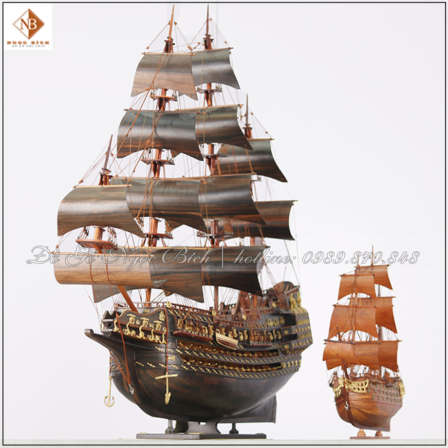 Mô hình thuyền buồm phong thủy gỗ Mun kích thước 80cm-1m