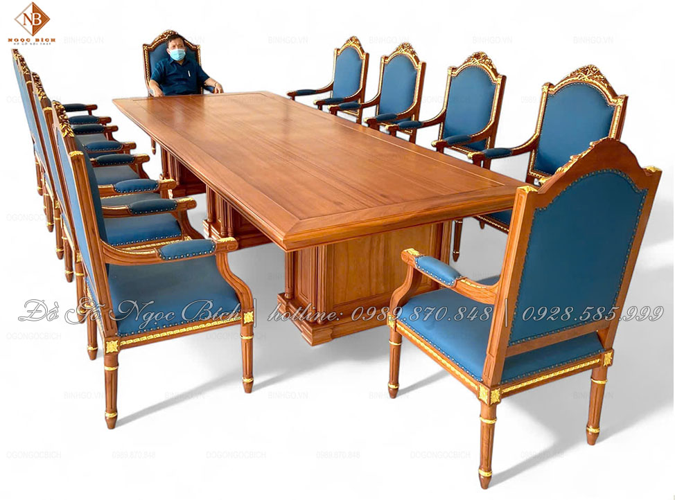 bàn họp 10 ghế có tay gỗ tự nhiên dẹp